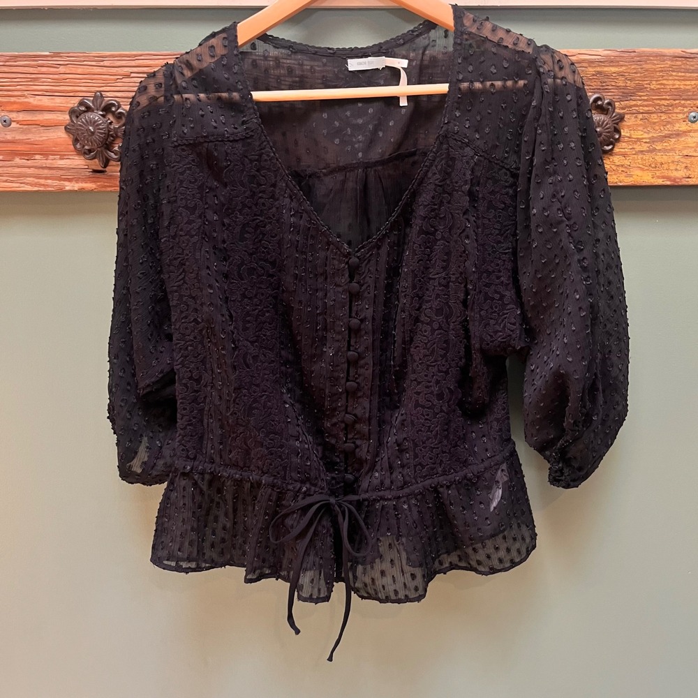 Kimchi Blue Black Sheer Swiss Dot Lace Peplum Blouse V-Neck Tie Front Small